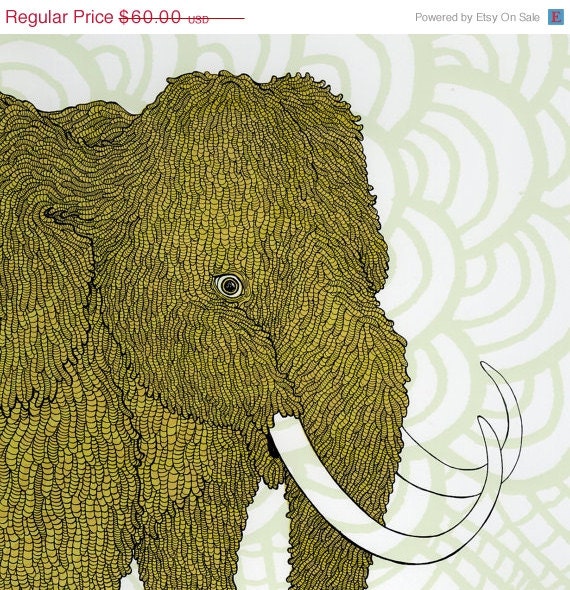 SUMMER FUN SALE Woolly Mammoth Serigraph - Green and Gold 18x24
