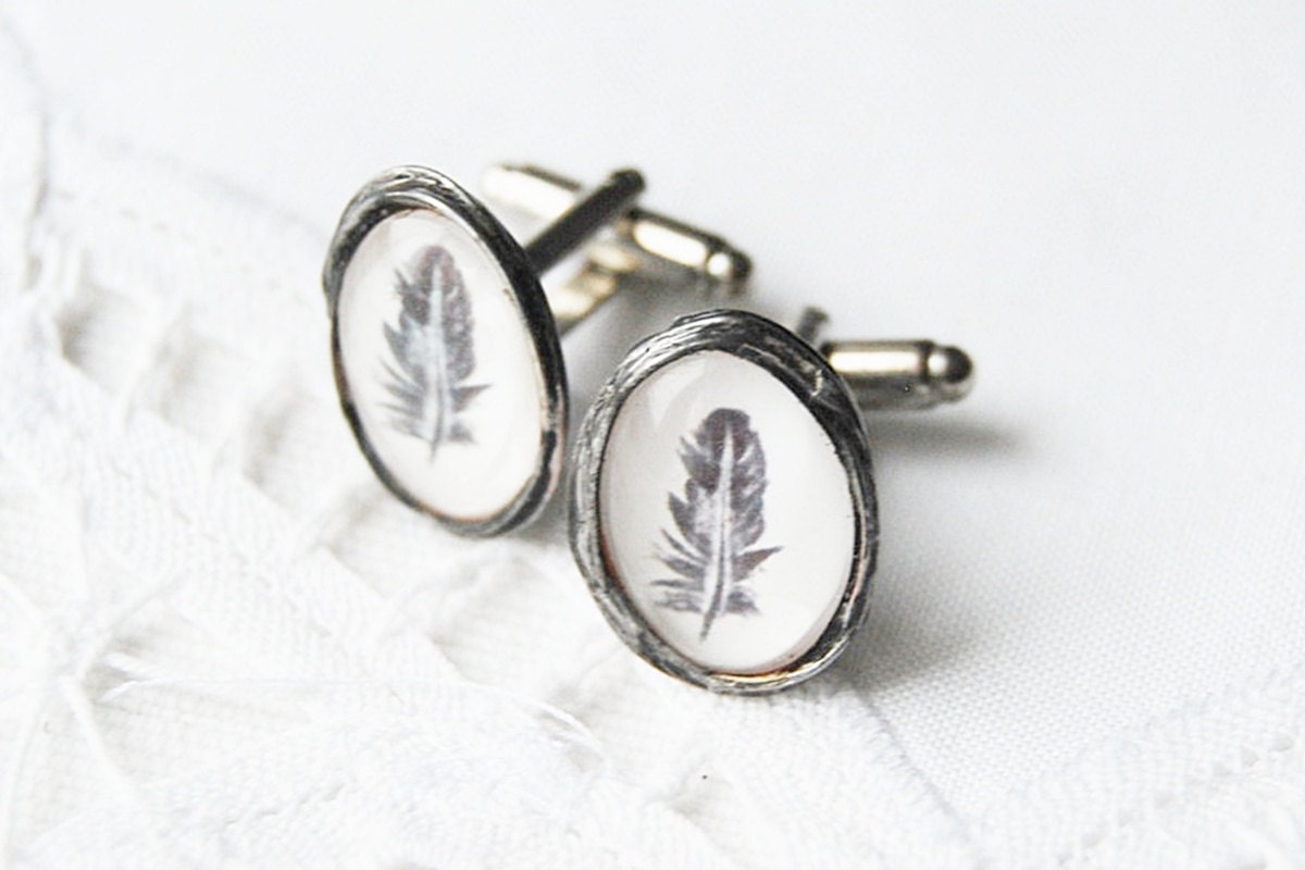 Gift for him transparent glass with feather glass cufflinks cuff links unisex woman and men Retro vintage