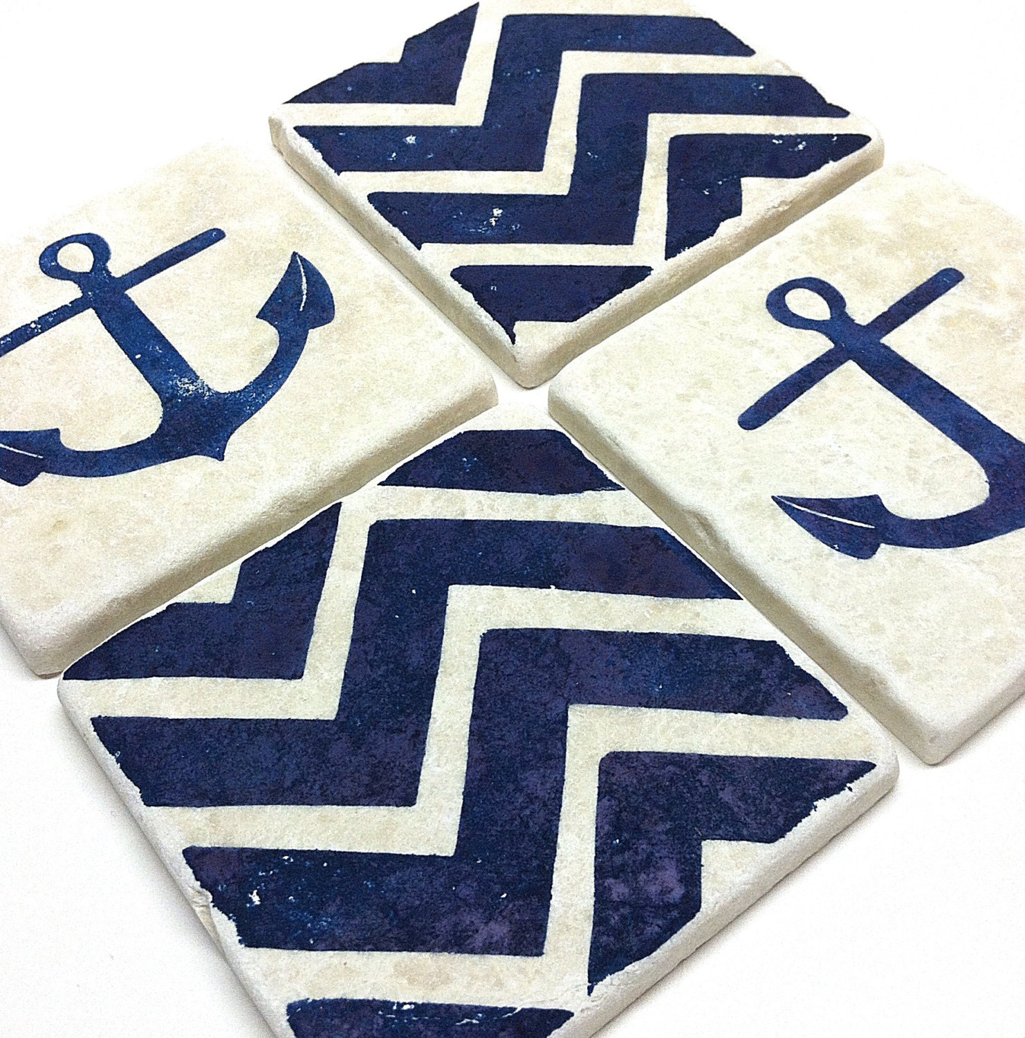 Navy Anchor Chevron Tile Coasters