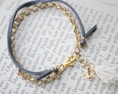 Summer Bracelet No. 56-  Suede and gold chain bracelet with tassel and anchor charm