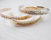 Set of three hand stamped hammered silver brass copper inspirational staked bracelets