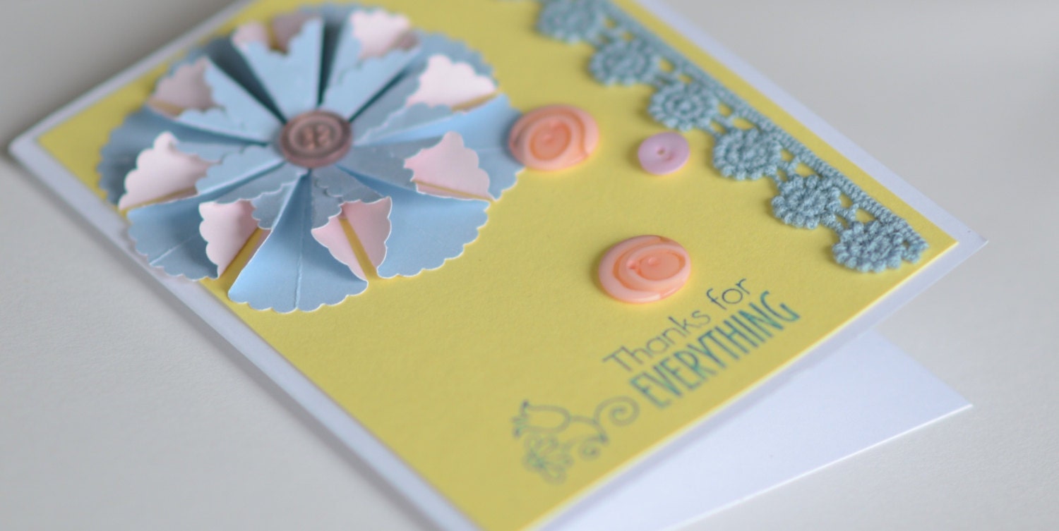 Thank You Handmade Card, 3D Flower Card, Thanks, Yellow Pink Blue Card, Feminine