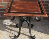 Upcycled Salvaged Shabby Chic End Table Wrought Iron Base Reclaimed Cabinet door Distressed Hand-painted 22x22x22 WHAGN