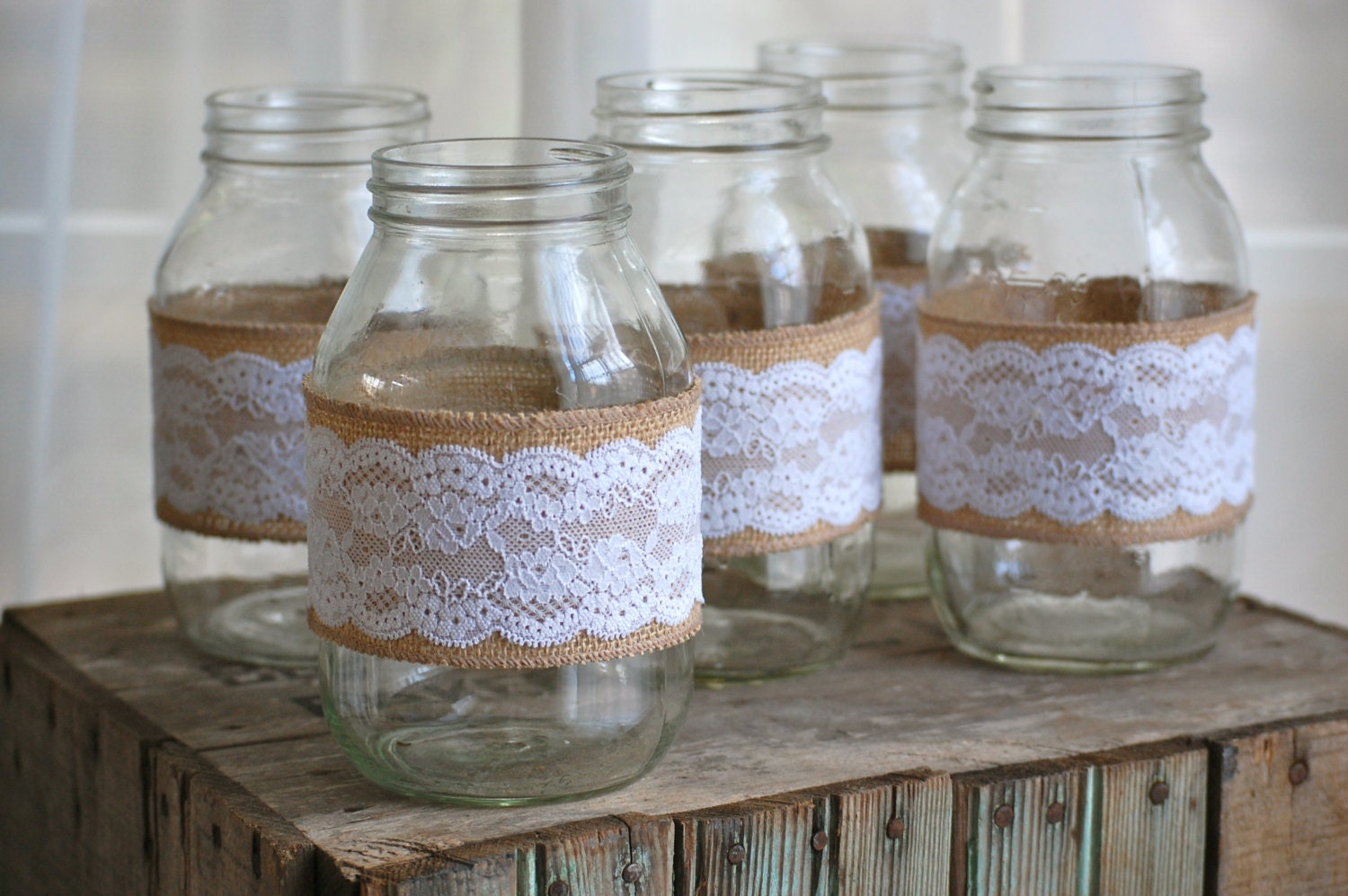 Set of 5 lace and burlap mason jars- rustic, country wedding- vases