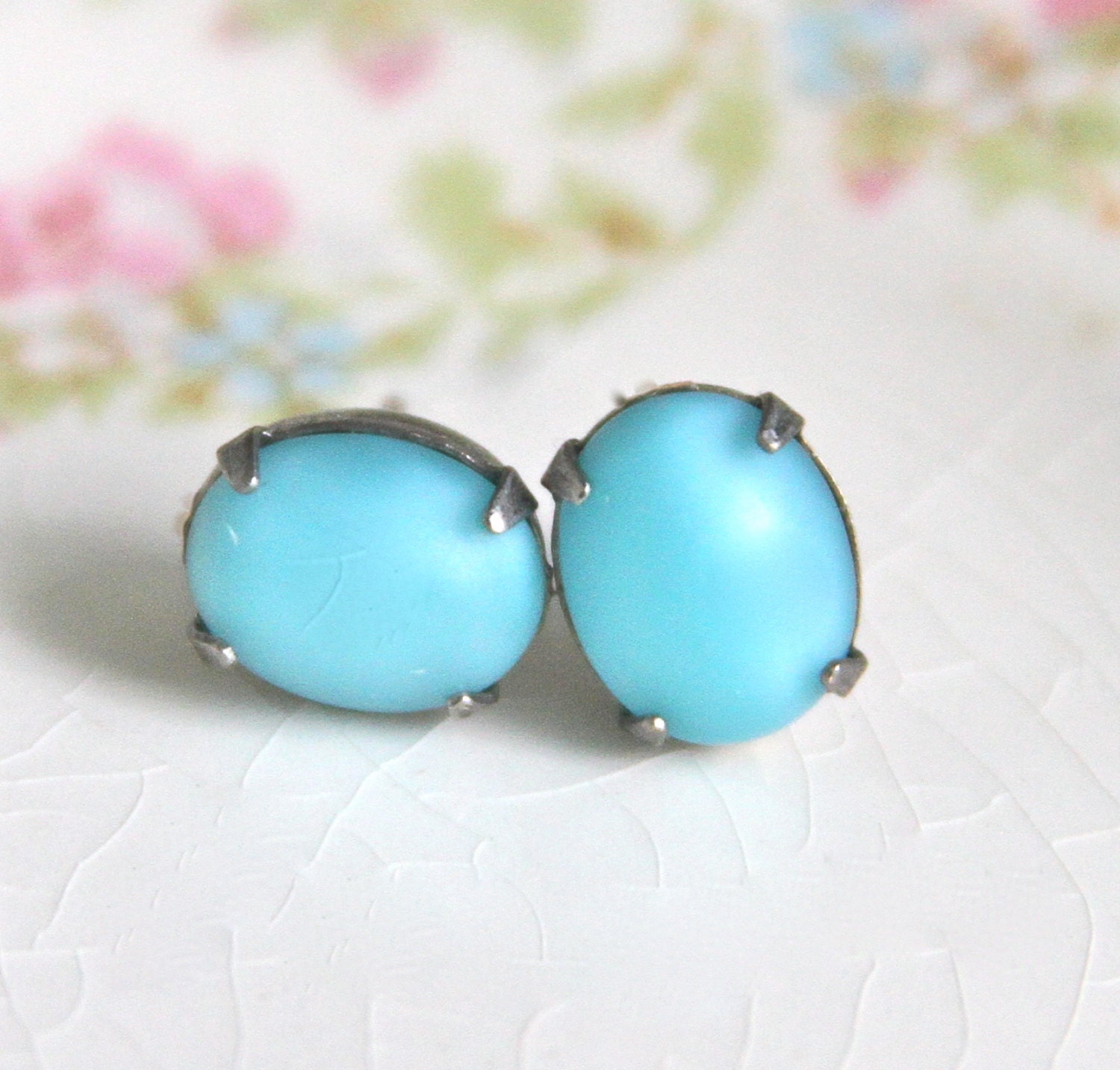 Vintage Aqua Blue Oval Silver Post Earrings - Wedding, Bridal, Bridesmaid
