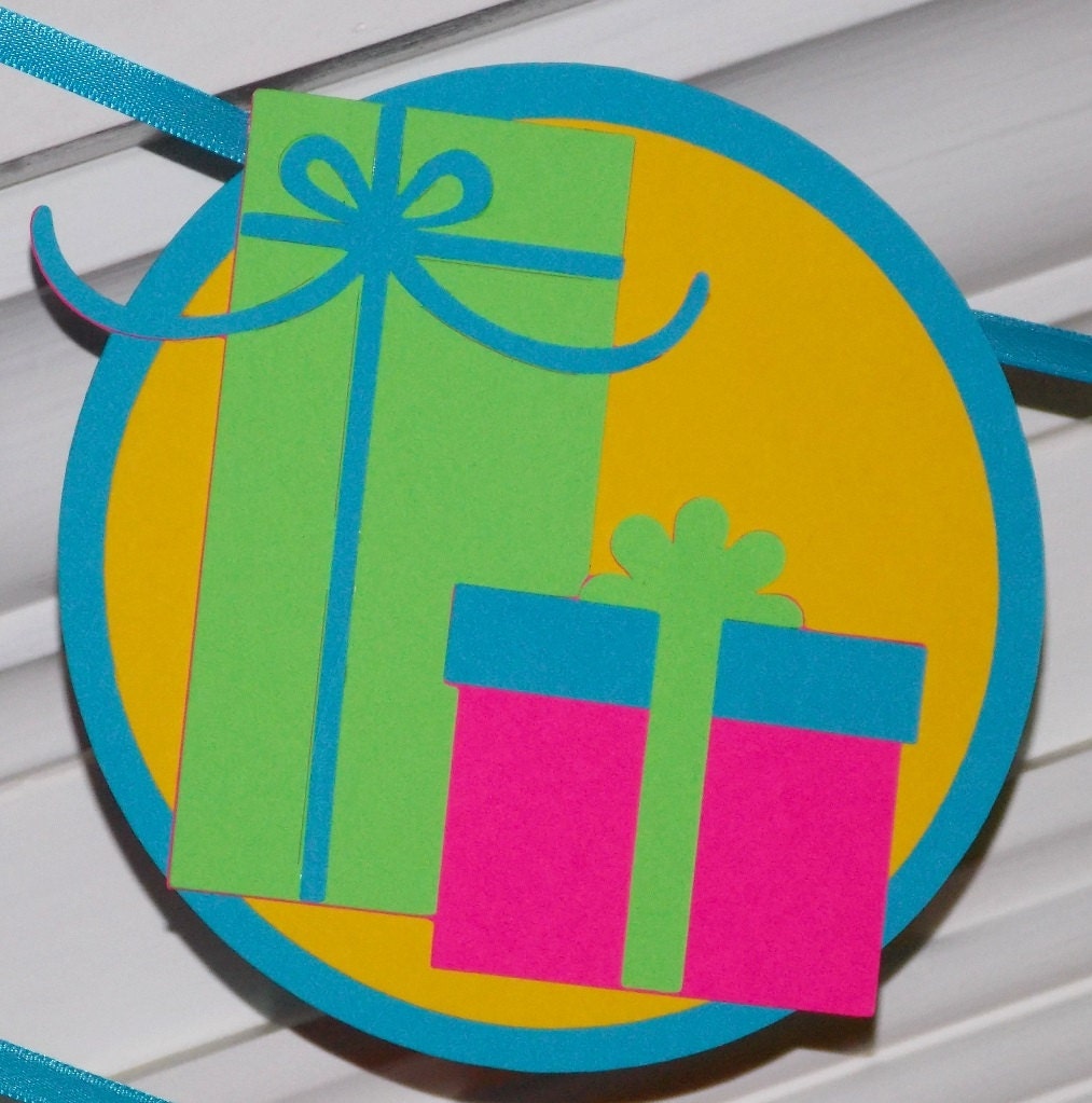 Presents Happy Birthday Party Banner ..BRiGHtS Blue pink green yellow ... party hats confetti ... READY TO SHIP ... panels adjustable Il_170x135