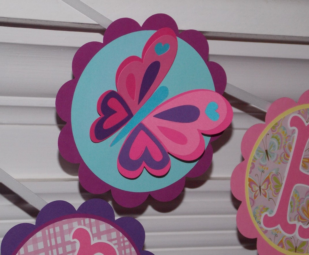 Butterfly Happy Birthday Banner ... READY TO SHIP ... Pink and Purple ... panels adjustable ... customizable Il_570xn