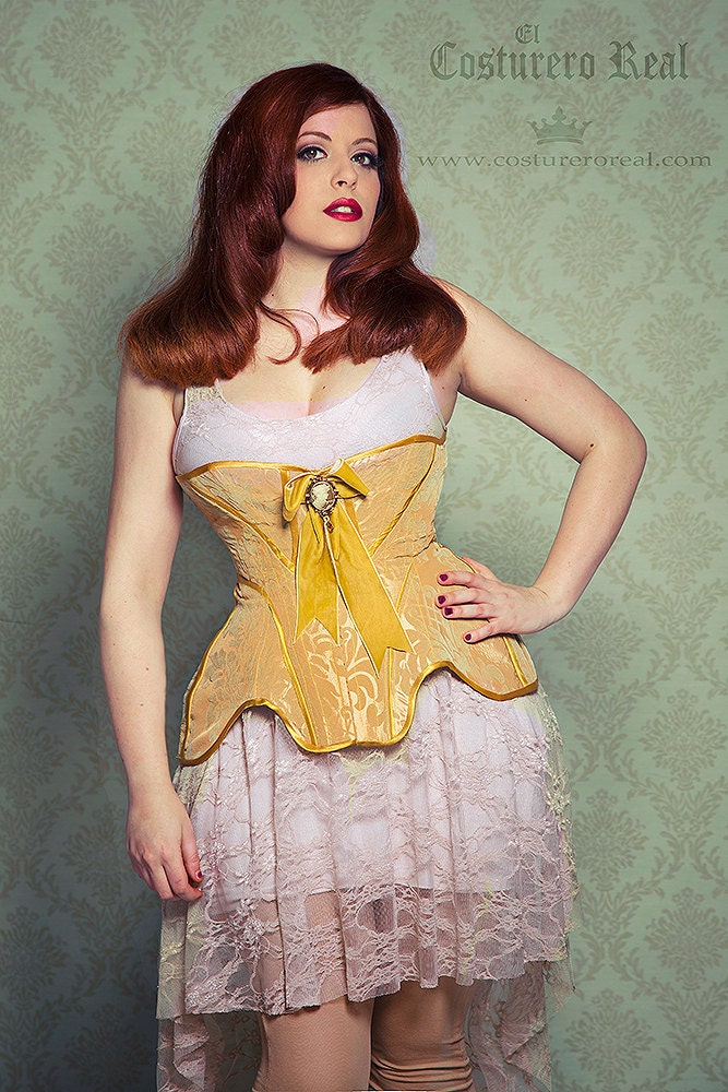 MADE BY ORDER Edwardian corset yellown and cream brocade fabric steel bonned Steampunk