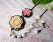 Set of 3 Bridesmaid Jewelry Set. Sea Sand Rose and Pink Sakura with ivory and cream swarovski pearls Necklace. Gift for her. Bridal Jewelry.