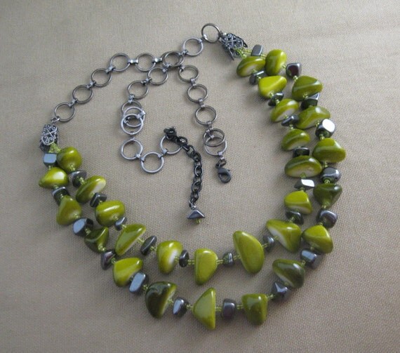 Multi Strand Green Stone Beaded Necklace