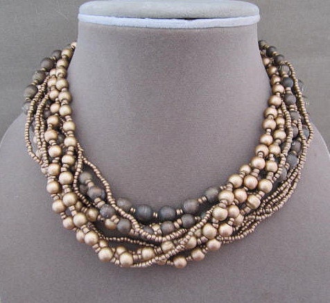 Multi Strand Browns Golds Vintage Beaded Necklace