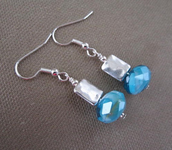 Aqua Blue Crystal and Silver Bead Dangle Earrings