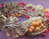 Red and Yellow Vining Flowers Wire Crochet / Bead Embroidered Bracelet