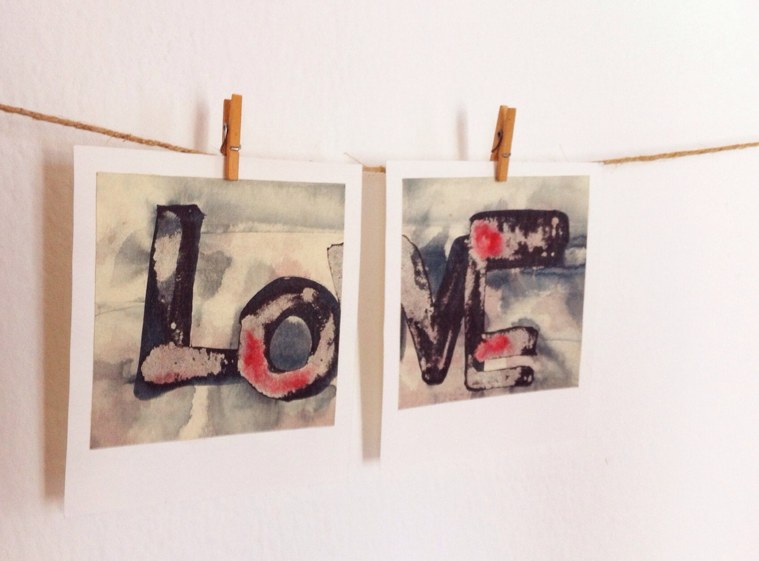 Polaroid art original mixed media. Ink Type Roid. LOVE. Set of 2.