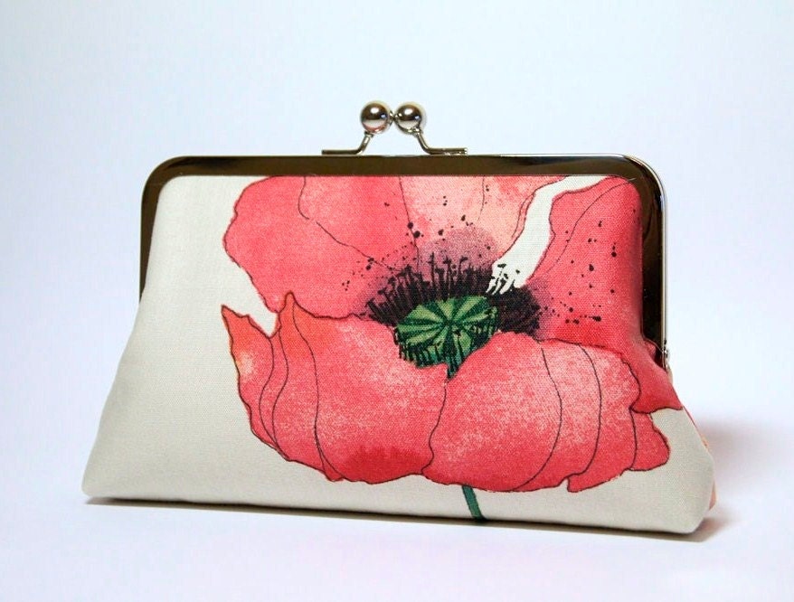 EllenVintage Romantic Poppy in Raspberry-red , Bridesmaid Clutch (choose your clutch and color) With Silk Lining, Wedding clutch
