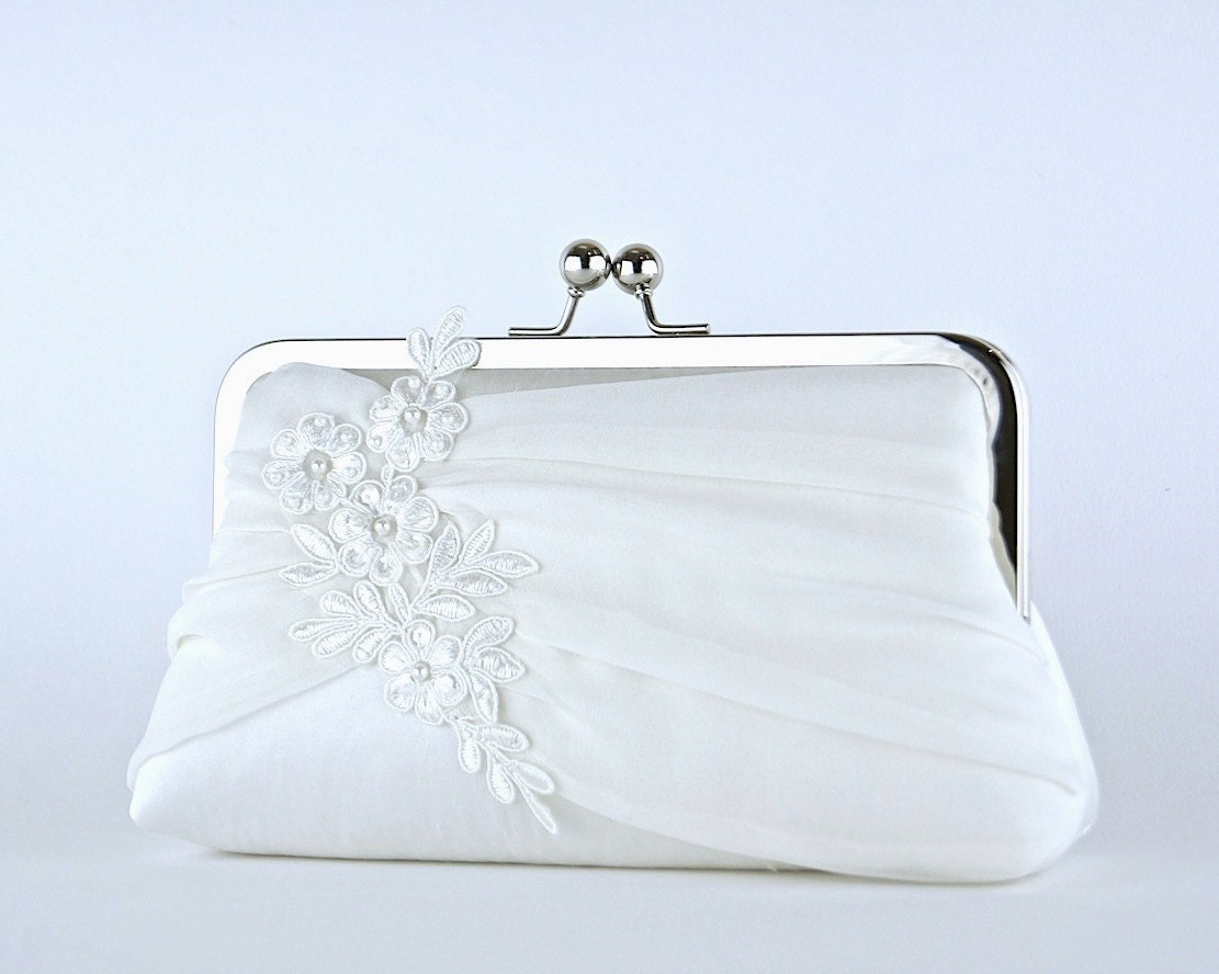 EllenVintage Alencon  Lace Applique Chiffon Silk Clutch, wedding clutch, wedding bag, Bridal clutch, Purse for wedding