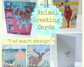 Set of 4 greeting cards - textile stitched animals - blank - all occasions- special multi buy