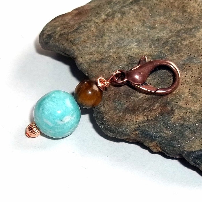 Green Amazonite and Brown Tigers Eye Gemstone Pet Charm Copper Clip