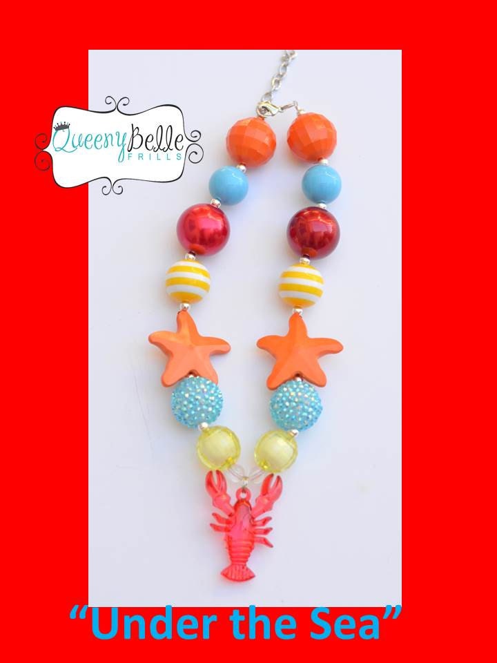 Under the Sea Girls Chunky Necklace. Red, Aqua Blue, Orange, Yellow. Cute for Summer.