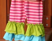 Rainbow pink and pink stripe with green and blue ruffles knit leggings sizes 12m - 8 girls