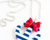 Resin Blue Striped Sailor Anchor Necklace with Red Bow