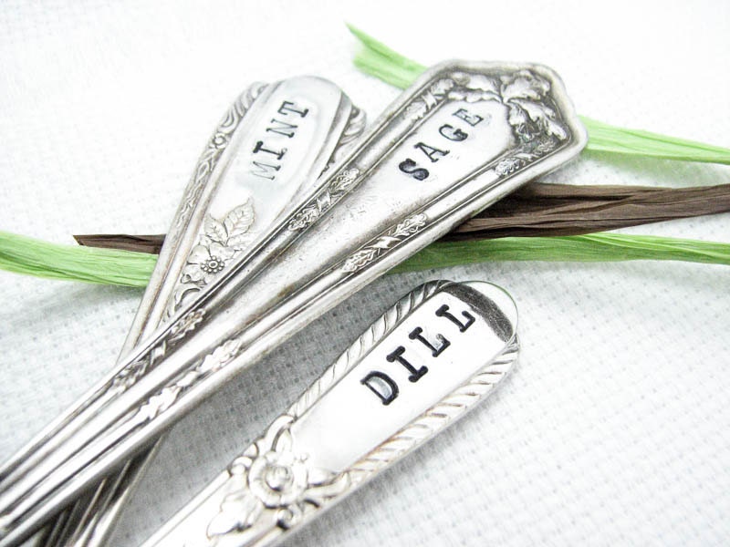 Herb Garden Markers - Hand Stamped Vintage Forks, Shabby Chic Herb Markers, Upcycled, Set of 3