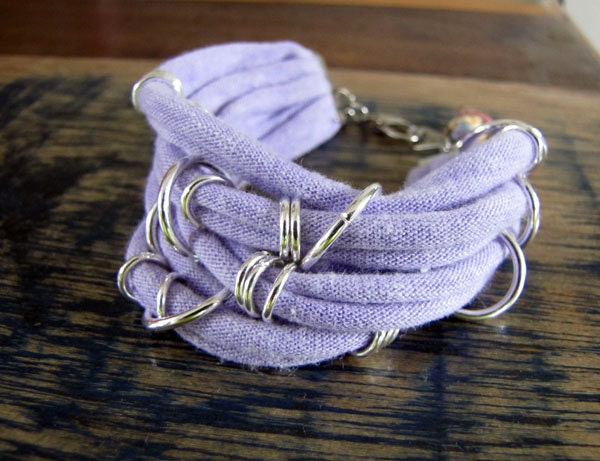 Lilac Upcycled Cotton Jersey Bracelet with Silver Rings and Stone Charms