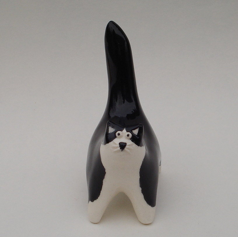 handmade ceramic black and white cat miniature figurine