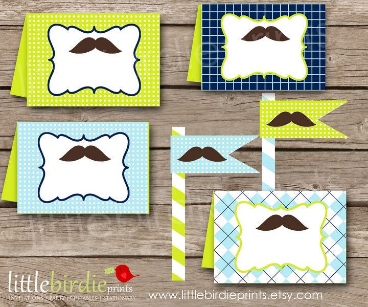 MUSTACHE BASH Little Man Party Straw Flags Buffet Cards INSTANT Download Little Man for Baby shower Birthday Party Lime Navy