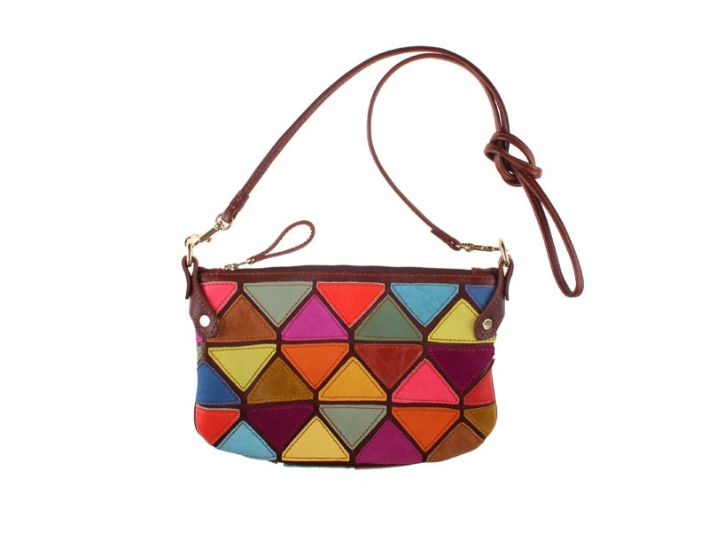 Cha Ching bag in brown leather with triangle detailing in assorted bright leathers