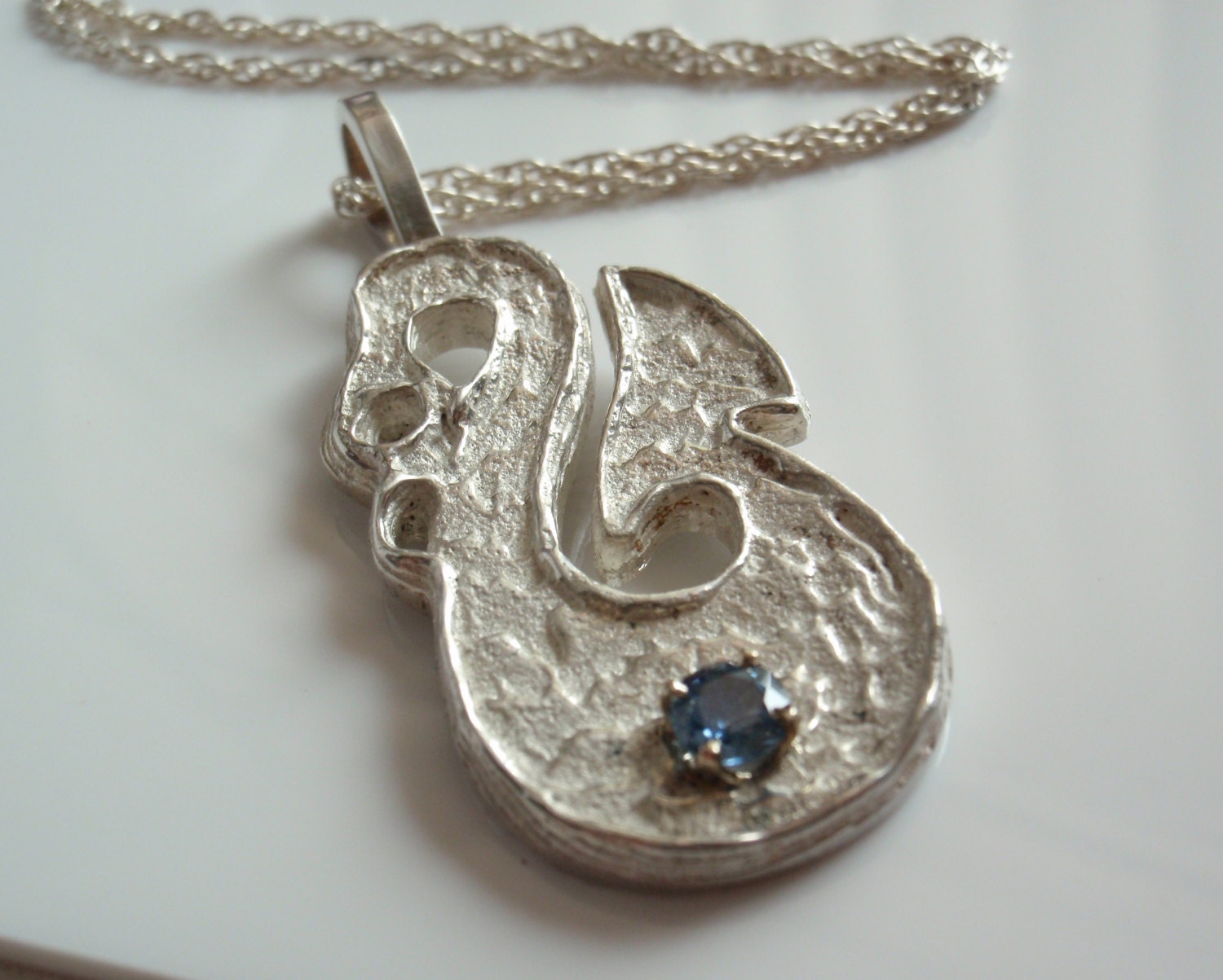 Sterling Silver Necklace Natural Blue Sapphire Maori Fish Hook Hei-Matau Cuttlebone Cast