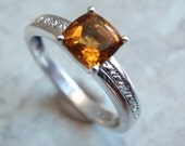 Sterling Silver Ring Cushion Cut Citrine Diamond Size 9 Vintage Estate