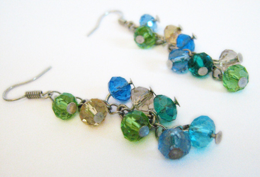 Green Shades - Swarovski earrings, wire wrap, green and blue, copper chain