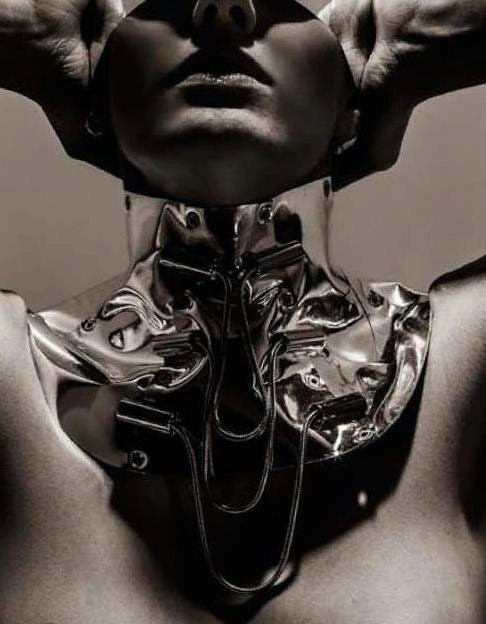 Silver mirror leather lace neck corset collar with chrome fantasy buckles