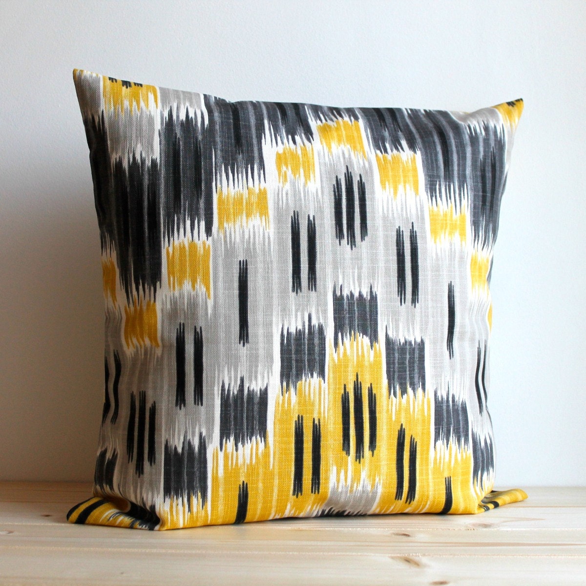Yellow and Grey Ikat Pillow Cover - 16 x 16 Ikat Cushion - Ikat Zigzag Sunshine