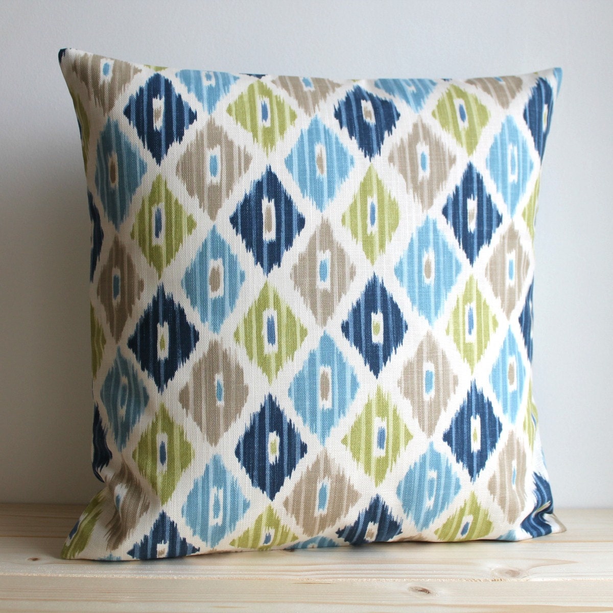 Blue and Green Ikat Pillow Cover - 16 x 16 Ikat Cushion Cover - Ikat Diamonds Lush