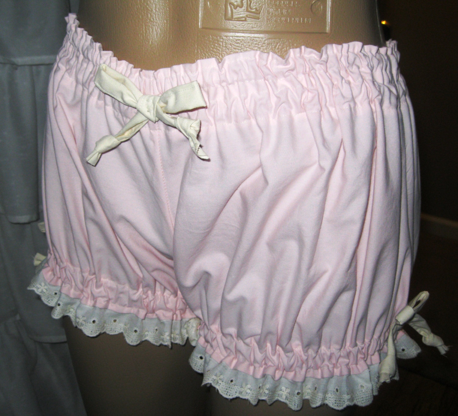 Womens Cotton Bloomers Pale Pink trimmed in Cream Ribbons and Eyelet, Size Medium-Large