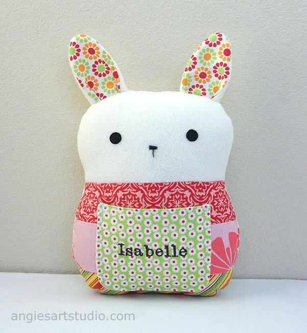Personalized Patchwork Bunny Tooth Fairy Pillow Plush Stuffed Toy - Great Baby Girl Gift - Green and Pink
