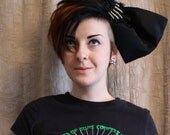 Cute and Spooky Giant Black Satin Headband Bow with Skeleton Hands and Polka Dot Rosettes Deathrock Goth Gothabilly