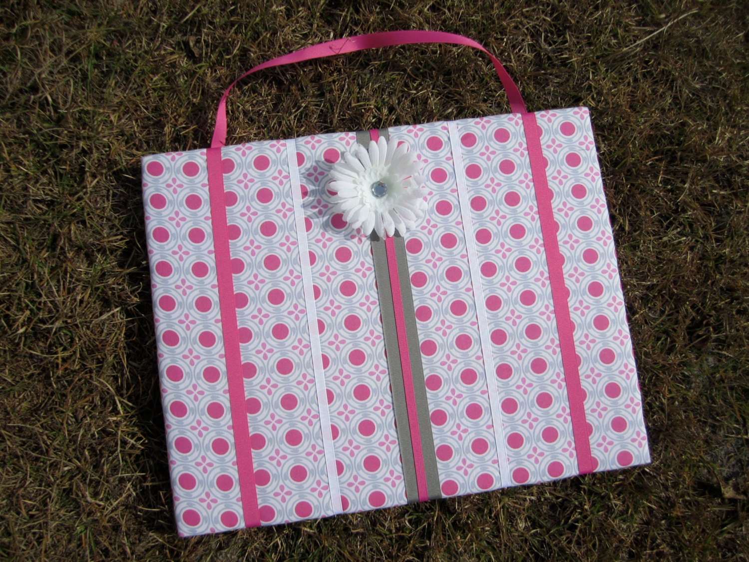 Hair Bow Board Organizer: Pink, Gray and White Circle Dots with optional headband holder (16 x 20)