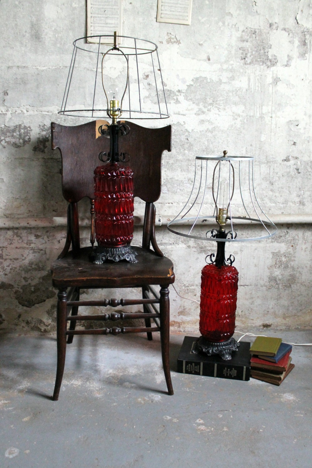 Vintage Red Glass and Metal Lamp