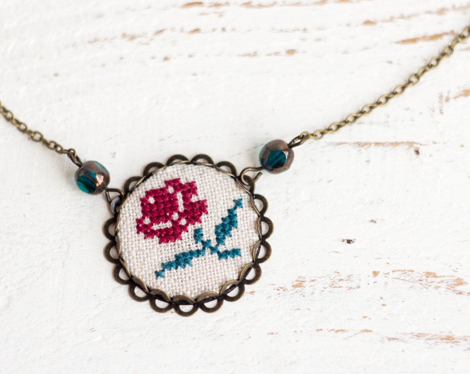 Vintage styled necklace - Red Rose necklace - shabby chic hand embroidered rose