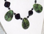 Lime Green and Black Beaded Necklace and Earrings, Semiprecious Stone and Glass