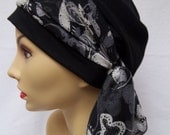 Hat Spring Slouch Chemo Black Rayon w Gray Floral Headband  Chemo Cap Nurse Scrub Cap