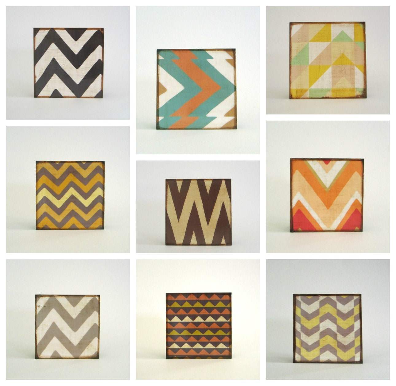 Art Block 5x5 Nine 9 Set Chevrons Triangles Zig Zags black orange blue green yellow 5x5 Geometric redtilestudio wood