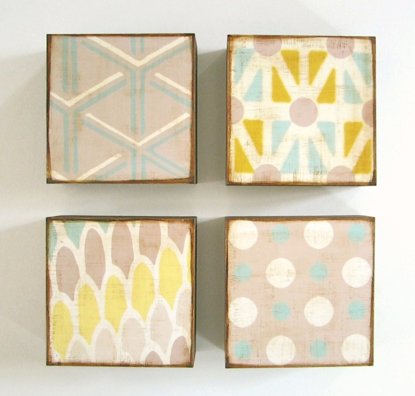 Art Block Set l Blue Geometric (4) 5x5 wood block chevron circles arrows scallops redtilestudio