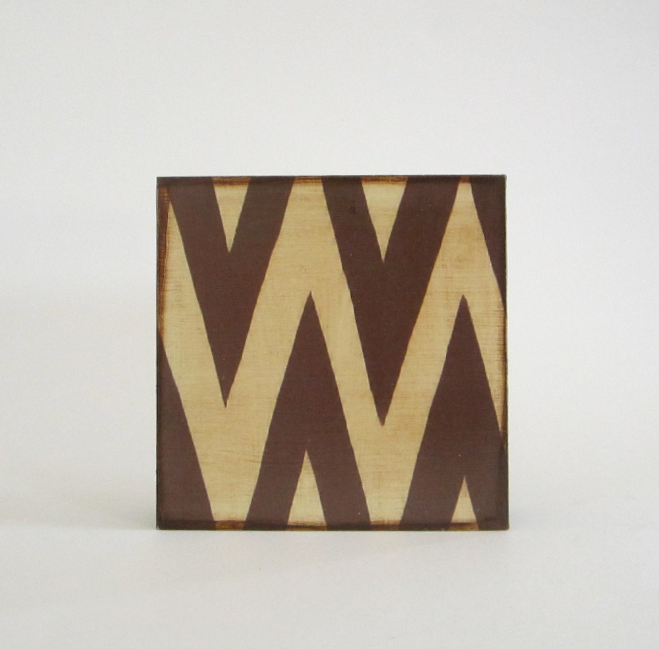 Zigzag Chevron Design 2 5x5 art block on wood block Brown Cream modern graphic pattern shapes red tile studio