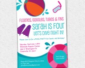 Printable Pool Party Birthday Invitation, Summer, Swim, Dive, Child Girl, Pink, Purple, Teal, l DIY Digital File