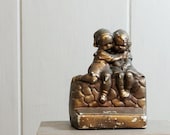 Vintage Chalkware Bookends Hugging Children