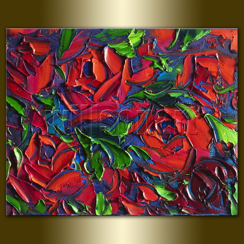 Red Rose Roses Floral Original Painting Textured Palette Knife Oil on Canvas Contemporary Modern Art 8X10 by Willson Lau